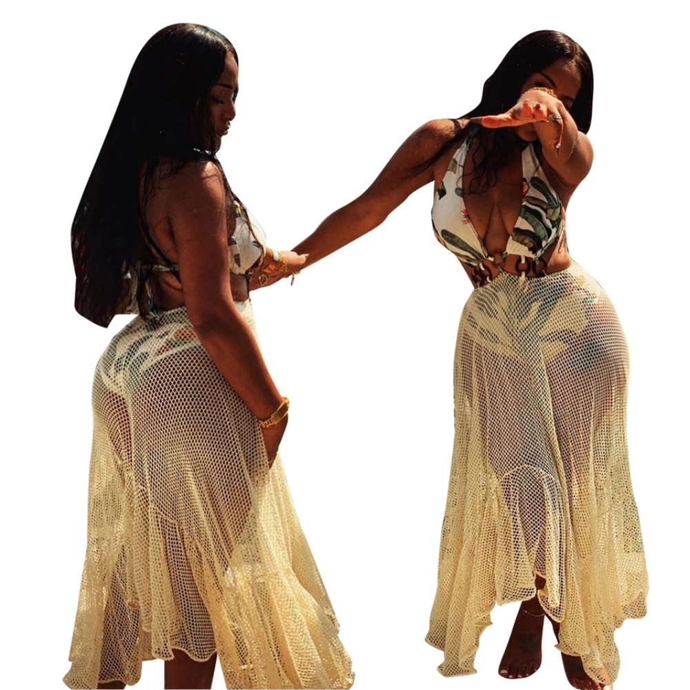 Sexy mesh swimsuit w/attached cover up skirt